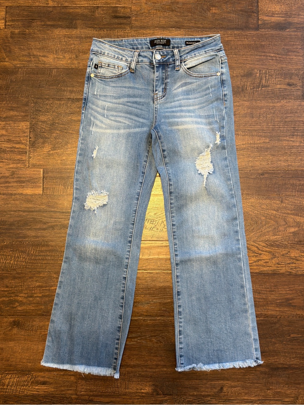 Judy Blue Women's 5/27 Light Blue Distressed Crop Flare Jeans